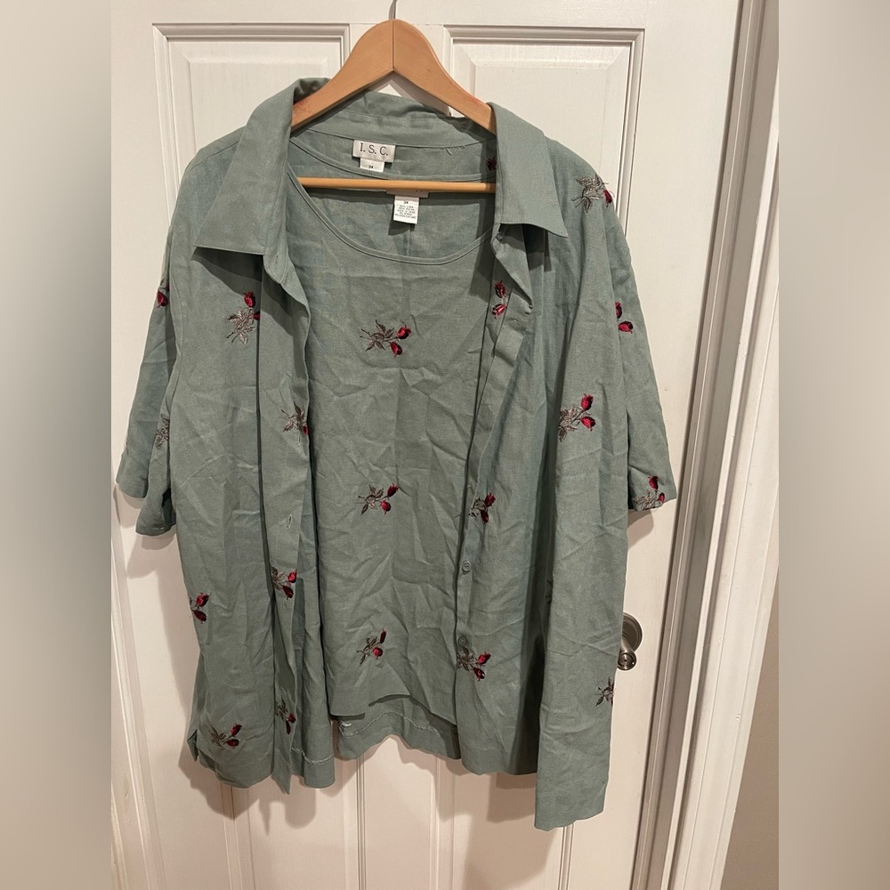 I.S.C. Linen Blend Mossy Green Embellished Sleeveless Tank and Blouse Combo 3X